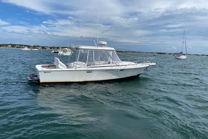 Slide: The Image of 1989 Blackfin 27 Fisherman boat on calm waters under a partly cloudy sky. - 2
