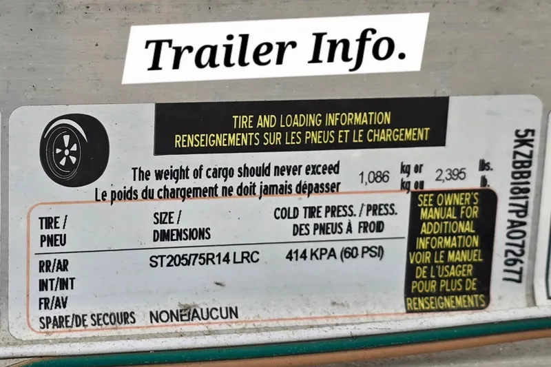 Slide: The Image of Trailer tire and loading information label for 2023 Key West 188 Bay Reef. - 10
