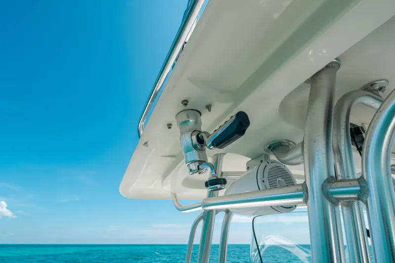 Slide: The Image of 2008 Hydra-Sports Vector 3300 CC boat detail against clear blue sky and ocean. - 52