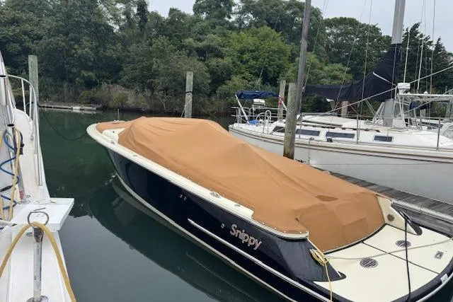 Slide: The Image of 2019 Chris-Craft Launch 30 boat covered at dock, surrounded by other boats. - 2