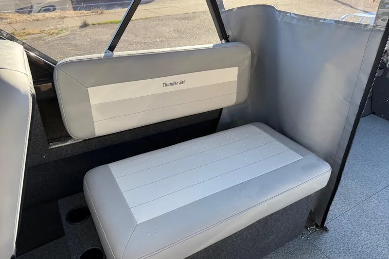 Slide: The Image of Interior seating of 2026 Thunder Jet 200 Luxor boat with gray upholstery. - 19