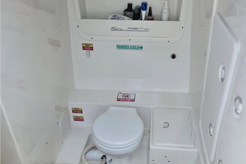 Slide: The Image of Electrical components in a 2016 Extreme Boats 38 Cuddy Cabin, featuring wiring and equipment. - 26