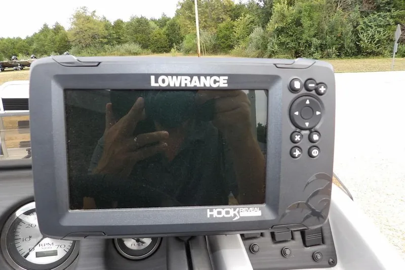 Slide: The Image of Lowrance Hook Reveal fish finder on 2023 Bennington 20 SVF boat dashboard. - 35
