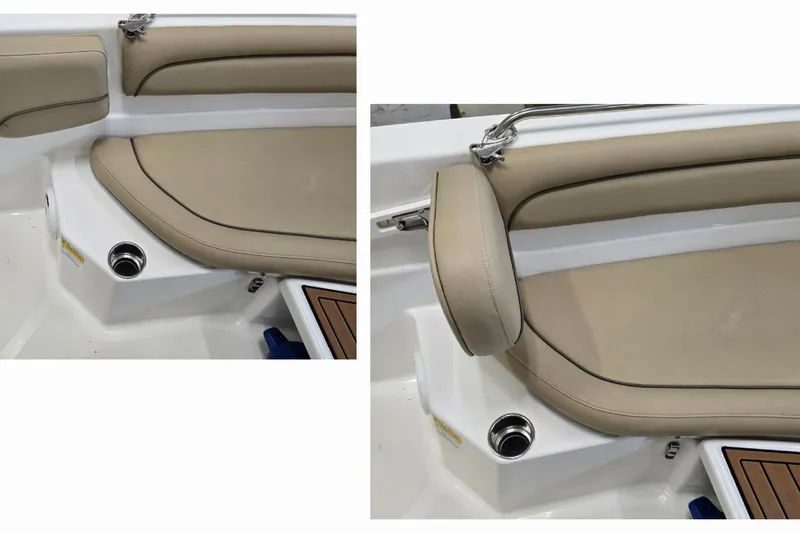 Slide: The Image of 2019 NauticStar 231 Hybrid boat interior with beige cushioned seating and stainless steel fixtures. - 25