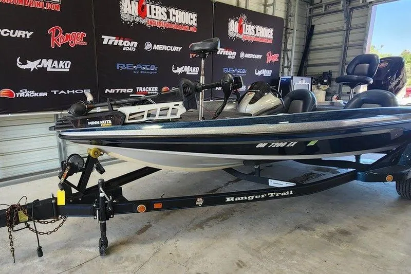 Slide: The Image of 2007 Ranger 188VS Intracoastal boat on trailer in showroom with branded backdrop. - 3