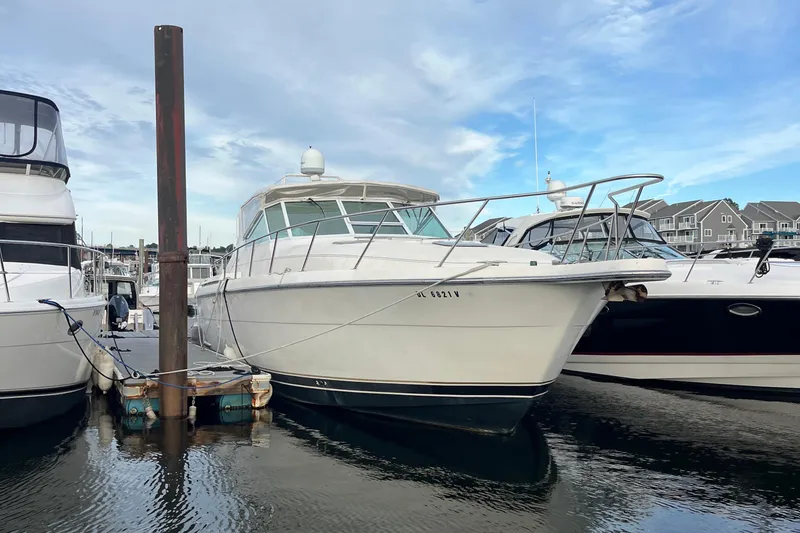 The Image of 1994 Tiara Yachts 4000 Express docked at marina, surrounded by other boats. - 1