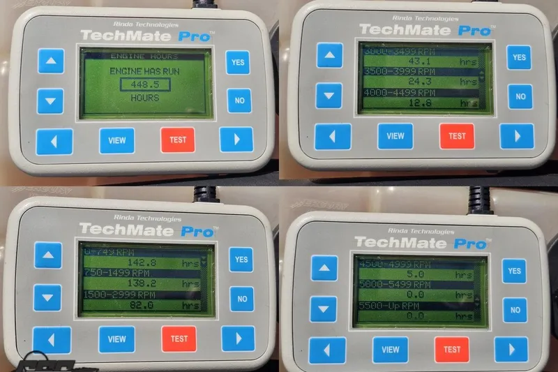 Slide: The Image of TechMate Pro displays engine hours and RPM data for 2005 Baja 23 Outlaw. - 81