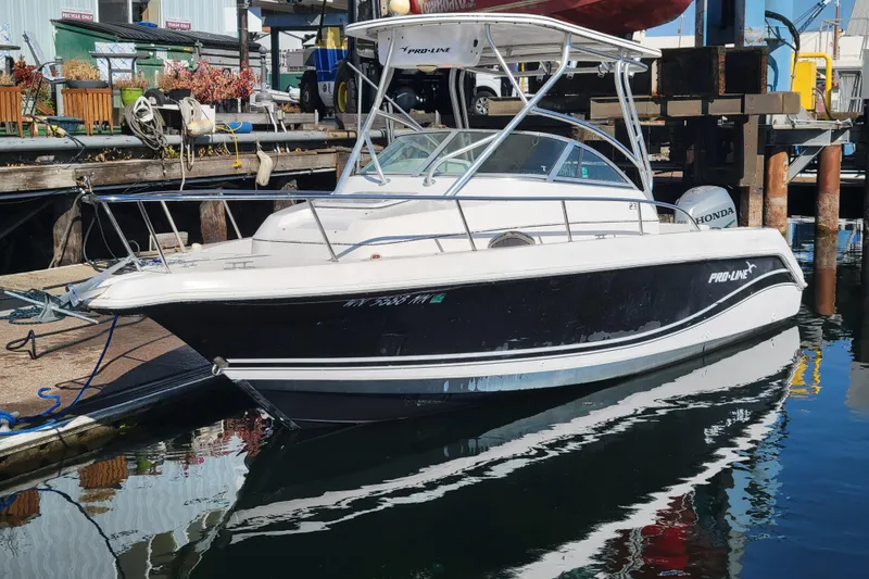 Slide: The Image of 2004 Pro-Line 23 Walk boat docked at marina, black and white design. - 6