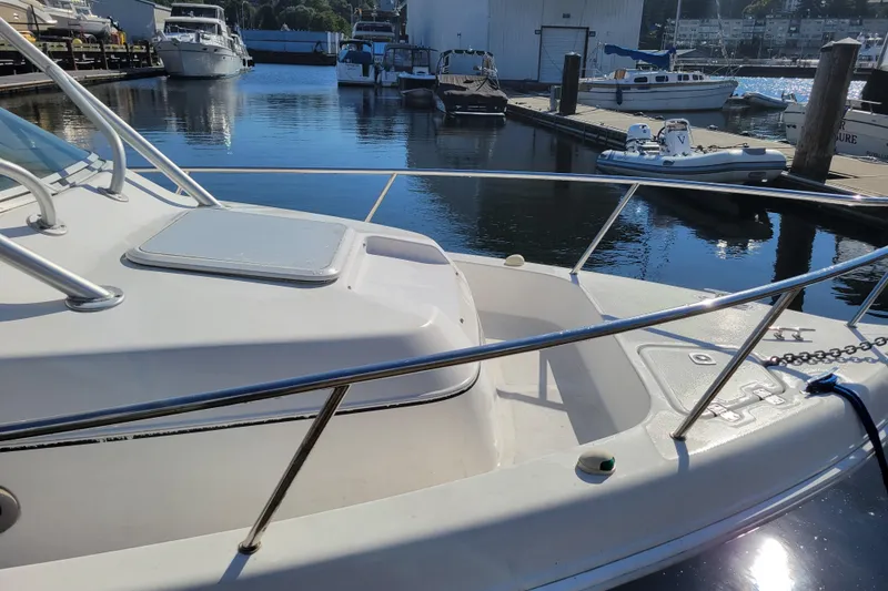 Slide: The Image of 2004 Pro-Line 23 Walk boat docked in a marina, surrounded by other vessels. - 9