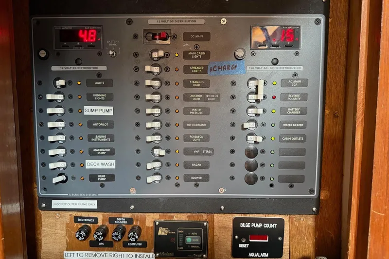 Slide: The Image of Electrical control panel on a 1977 Cheoy Lee Offshore 41 ketch sailboat. - 16