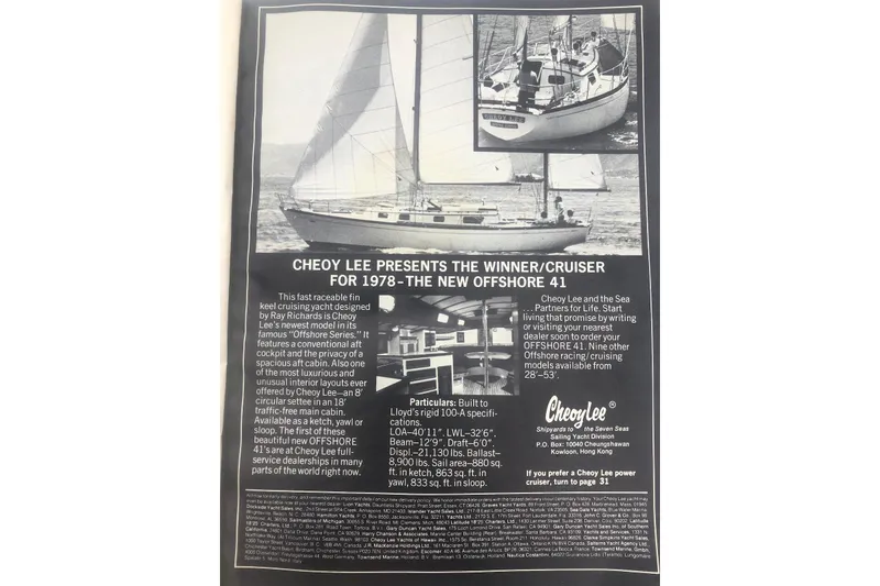 Slide: The Image of 1977 Cheoy Lee Offshore 41 ketch advertisement showcasing yacht design and features. - 7