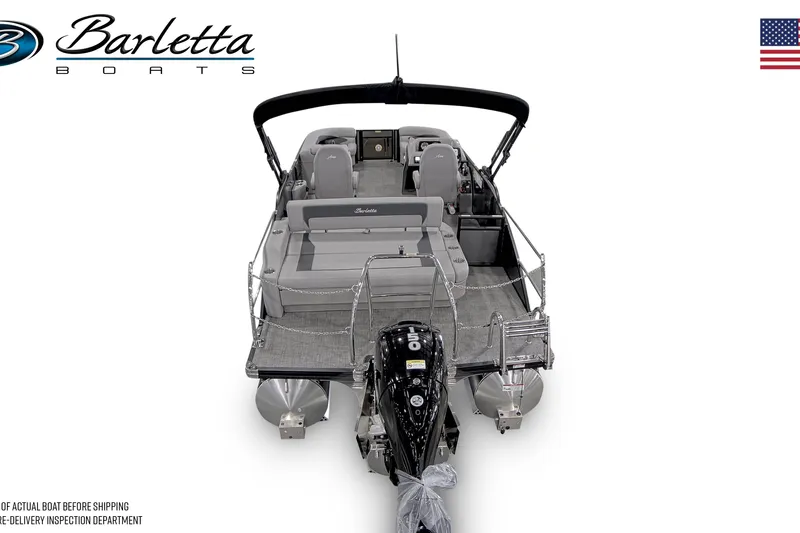Slide: The Image of 2026 Barletta ARIA 22UC pontoon boat on trailer, outdoor display. - 2