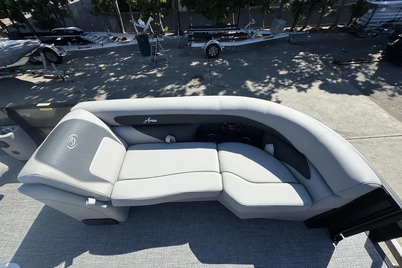 Slide: The Image of 2026 Barletta ARIA 22UC boat seating, featuring sleek gray upholstery and modern design. - 21