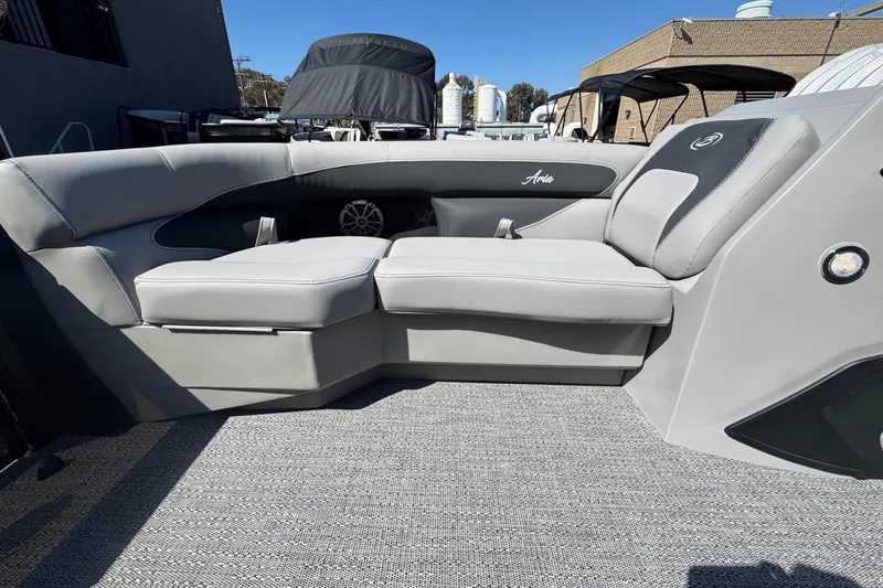 Slide: The Image of 2026 Barletta ARIA 22UC pontoon boat interior with gray seating and modern design. - 29