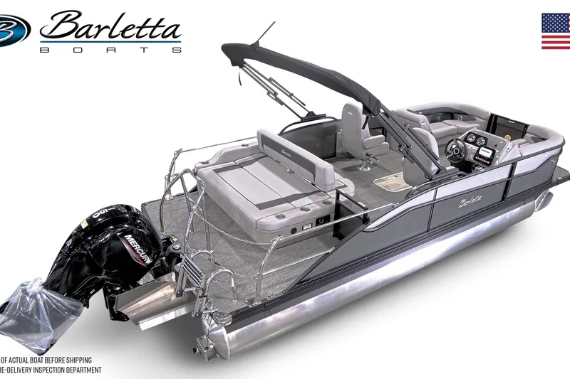 Slide: The Image of 2026 Barletta ARIA 22UC pontoon boat on trailer under clear blue sky. - 3