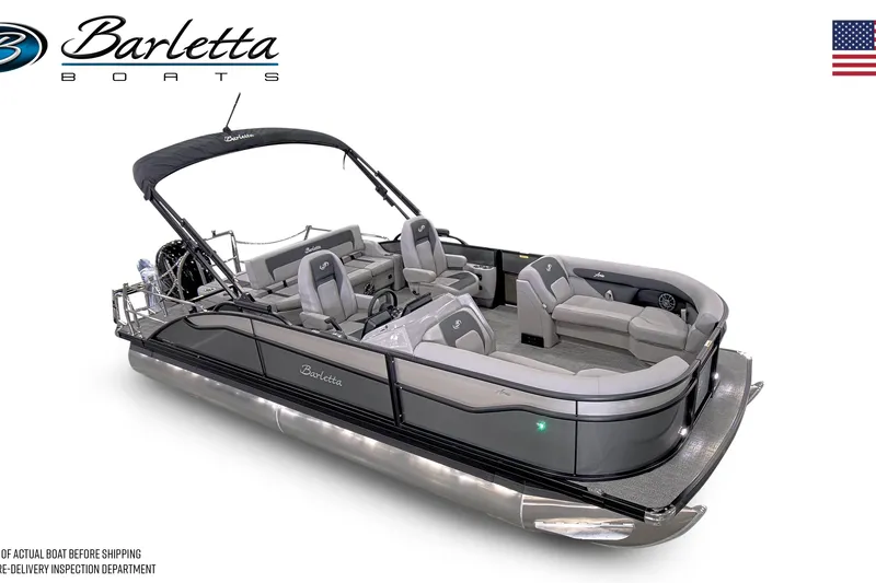 Slide: The Image of 2026 Barletta ARIA 22UC pontoon boat on trailer, displayed outdoors under clear blue sky. - 4