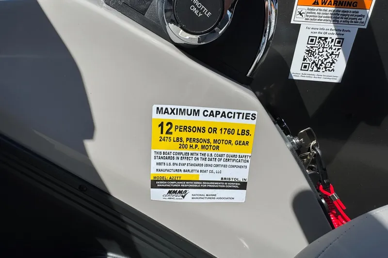 Slide: The Image of Barletta ARIA 22UC 2026 boat capacity label, 12 persons or 1760 lbs, 200 HP motor. - 42
