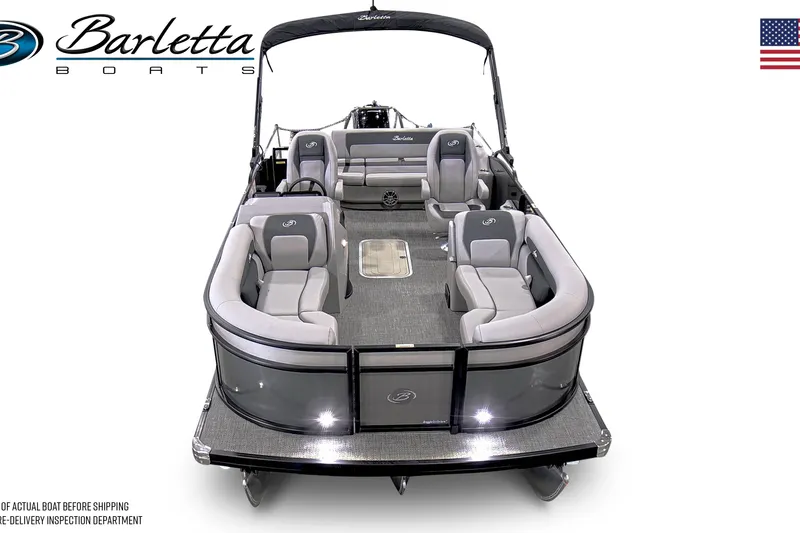 Slide: The Image of 2026 Barletta ARIA 22UC pontoon boat on trailer, parked outdoors. - 5