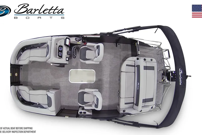 Slide: The Image of 2026 Barletta ARIA 22UC pontoon boat on trailer, parked outdoors under clear blue sky. - 6