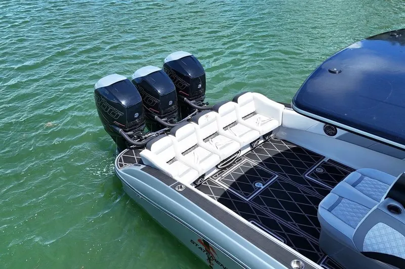 Slide: The Image of 2016 Statement 380 Open boat with triple outboard engines on clear water. - 7