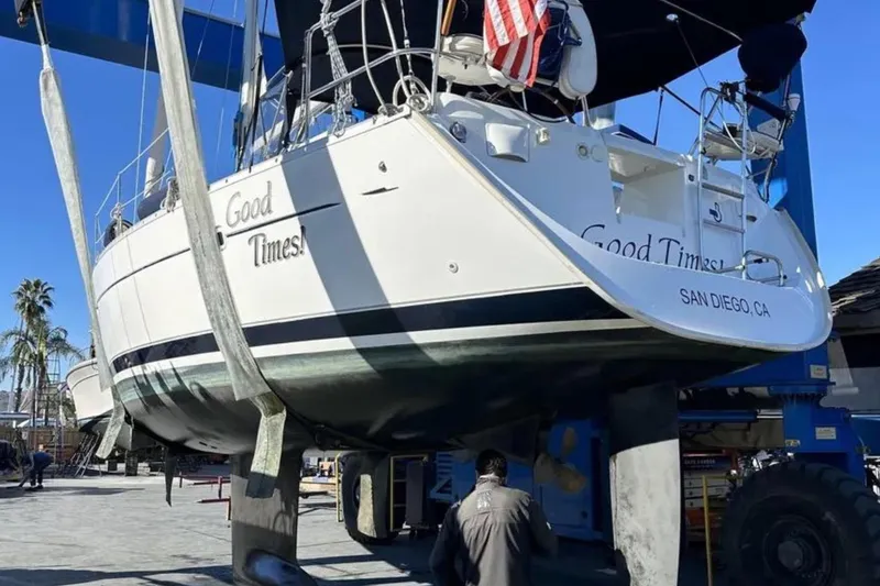 Slide: The Image of Beneteau Oceanis Clipper 373 sailboat in dry dock, San Diego, 2005 model. - 34