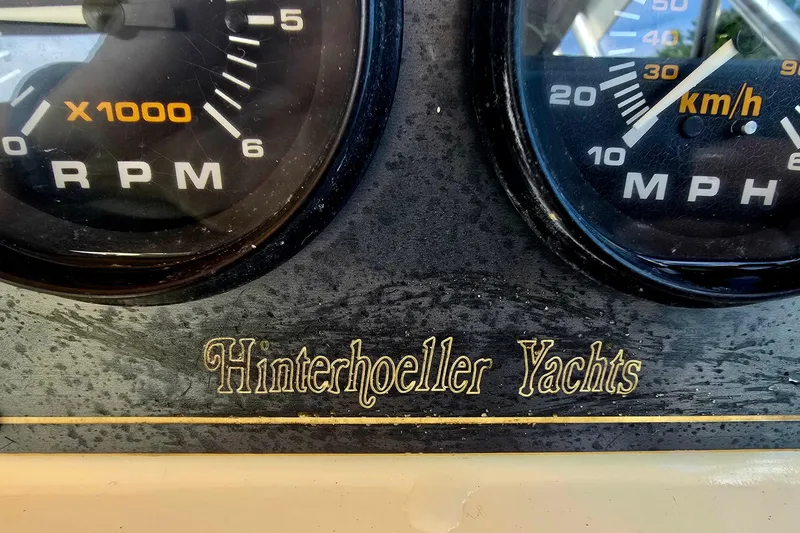 Slide: The Image of Close-up of 1989 Hinterhoeller Limestone yacht dashboard with RPM and speed gauges. - 14