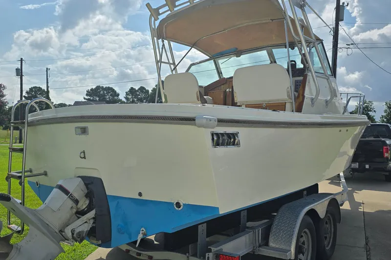 Slide: The Image of 1989 Hinterhoeller Limestone boat on trailer, featuring a white and blue hull under a cloudy sky. - 5