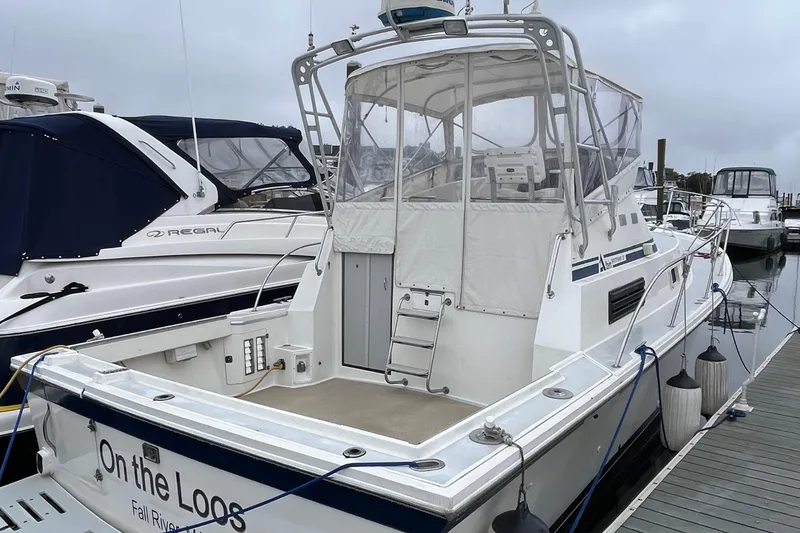 Slide: The Image of 1989 Albin 32 Sportfisher docked, featuring spacious deck and protective canopy. - 3
