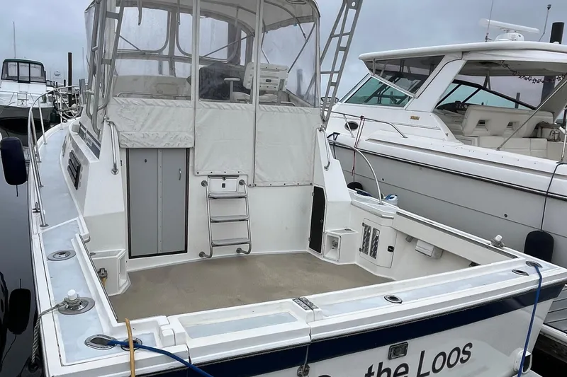 Slide: The Image of 1989 Albin 32 Sportfisher boat docked, featuring spacious deck and enclosed cabin. - 5