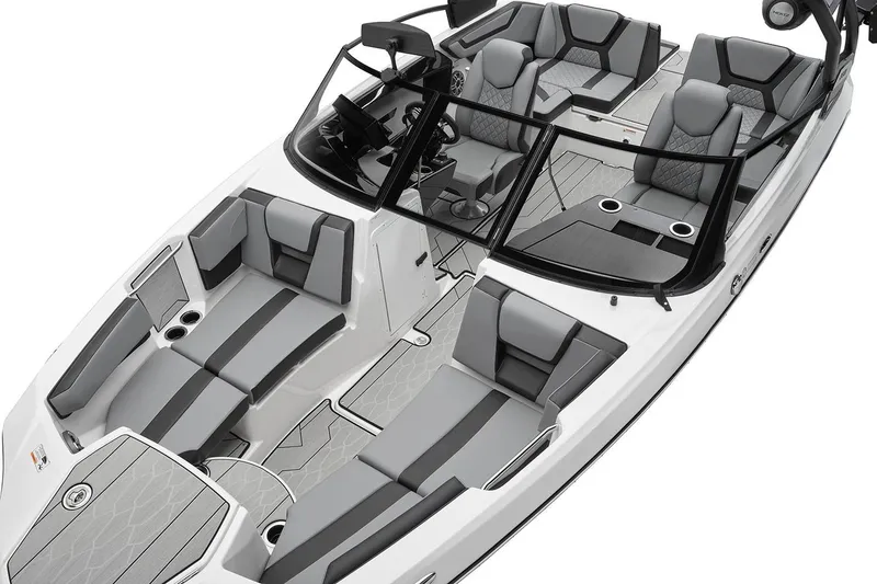 The Image of 2026 Yamaha Boats 222XD on trailer, sleek design, white and red accents. - 2
