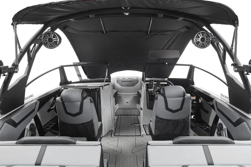 Slide: The Image of 2026 Yamaha Boats 222XD rear view, showcasing seating and sleek design. - 6