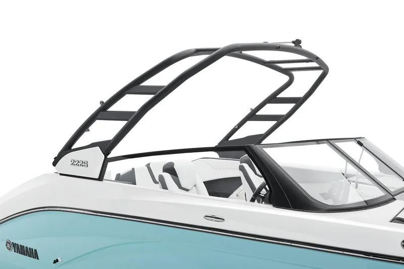 Slide: The Image of 2026 Yamaha Boats 222S, sleek design, rear view, outdoor setting, modern features. - 6