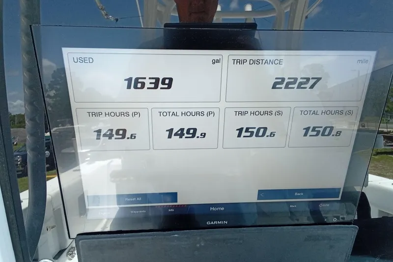Slide: The Image of Display screen showing fuel usage and trip data for 2022 Sportsman Open 302 Center Console. - 28