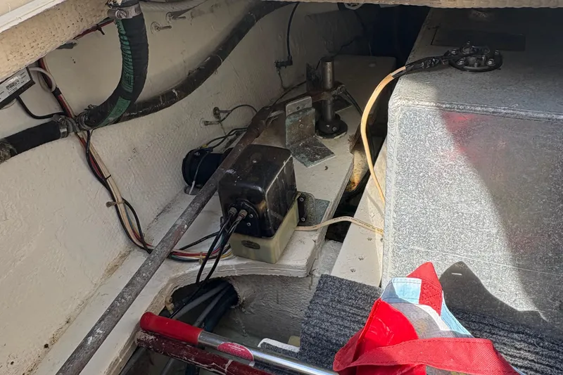 Slide: The Image of Interior view of 1988 Egg Harbor 37 Convertible boat with ropes and equipment. - 56