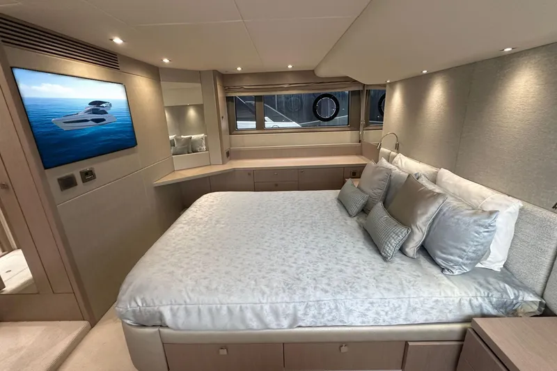 Slide: The Image of Luxurious bedroom interior of 2018 Sunseeker Manhattan 52 yacht with modern decor. - 59