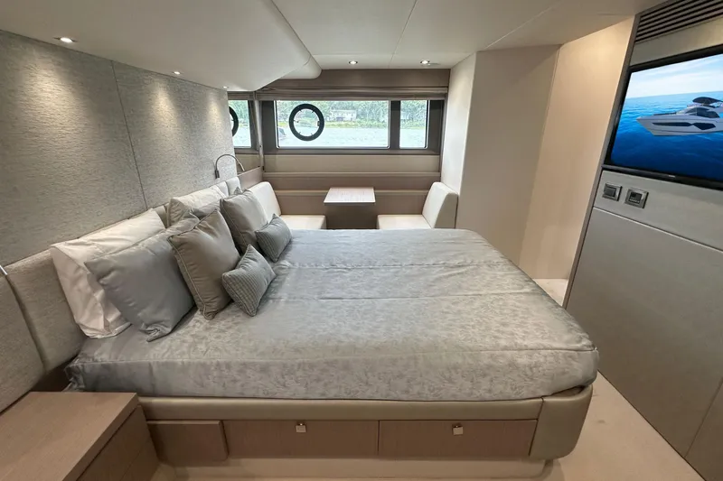 Slide: The Image of Luxurious bedroom interior of 2018 Sunseeker Manhattan 52 yacht with modern decor. - 61