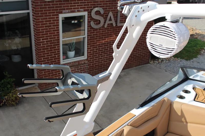 Slide: The Image of 2026 ATX Surf Boats 22 Type-S with wakeboard rack and speaker detail. - 17