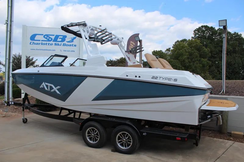 Slide: The Image of 2026 ATX Surf Boats 22 Type-S on trailer at Charlotte Ski Boats dealership. - 3