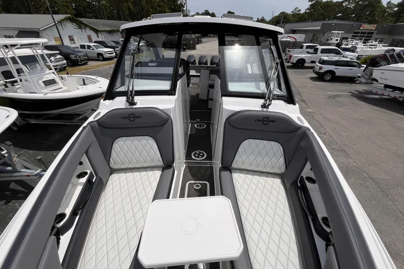 Slide: The Image of 2025 Fountain 39 DX boat interior with luxurious seating and modern design. - 28