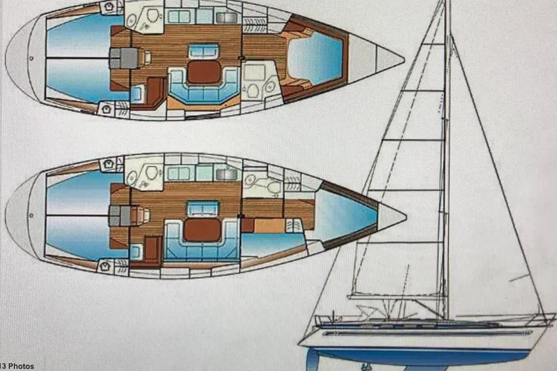 Slide: The Image of Floor plan and side view of a 2001 Bavaria 43 Cruiser sailboat. - 13