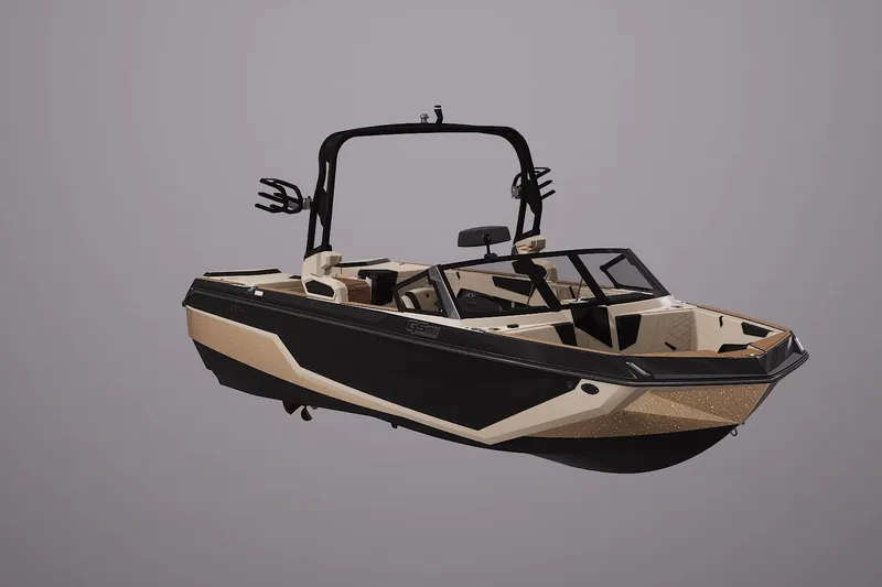 Slide: The Image of 2026 Nautique Super Air Nautique GS22 boat, sleek black design, side view. - 1