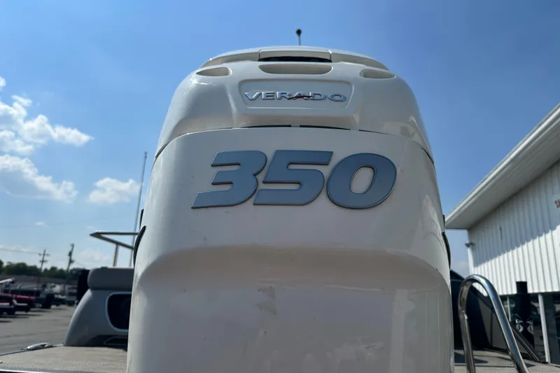 Slide: The Image of Outboard motor on 2023 Bennington Q25 boat, featuring Verado 350 engine. - 15