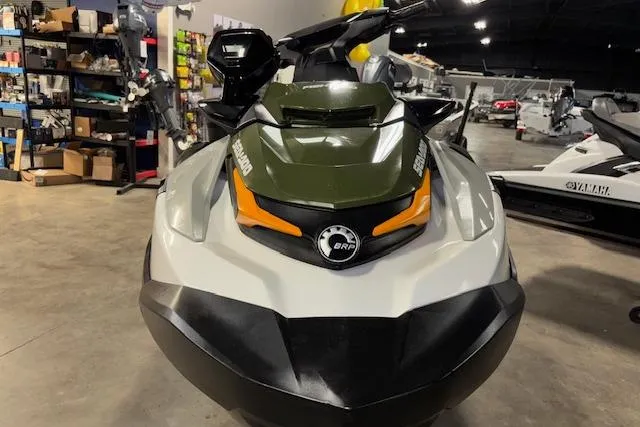 Slide: The Image of 2020 Sea-Doo FISH PRO jet ski in a showroom, front view. - 3