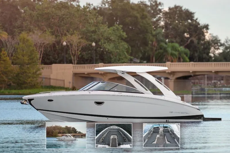The Image of 2026 Regal LS9 boat on water, side view with bridge and trees in background. - 0