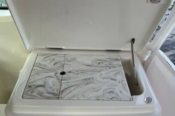 Slide: The Image of 2014 Tiara Yachts 3900 Coronet, open storage compartment with marbled cover. - 28