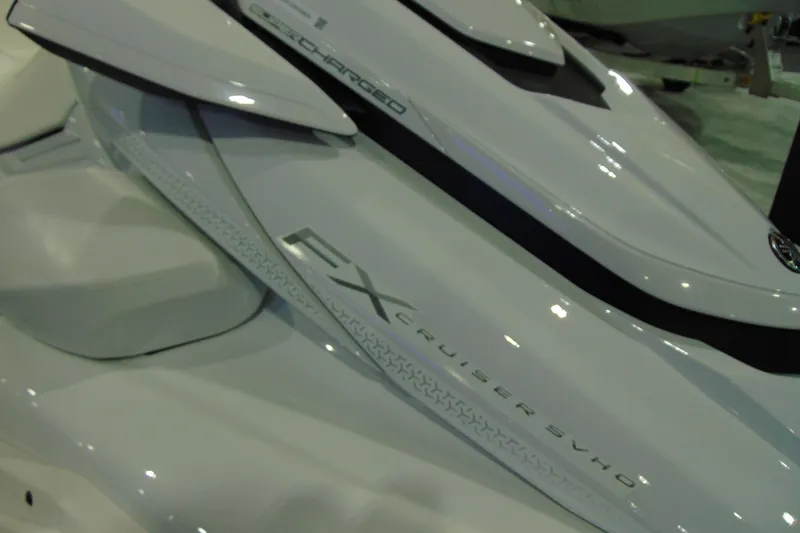 Slide: The Image of 2026 Yamaha WaveRunner FX Cruiser SVHO, sleek white design, close-up view. - 9