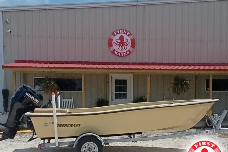 The Image of Fibercraft F16 boat, 2025 model, on trailer outside First Mates building. - 1