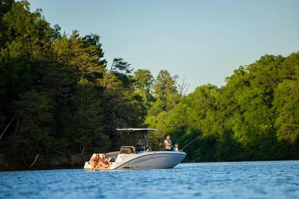 Slide: The Image of 2026 Yamaha Boats 255 FSH Sport H cruising on a serene lake surrounded by lush greenery. - 6