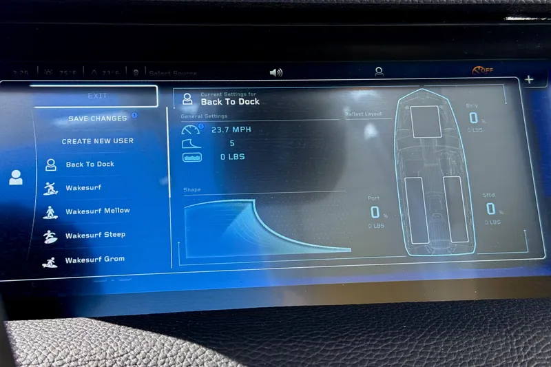 Slide: The Image of Touchscreen display of 2026 Nautique Super Air Nautique GS20 boat settings and controls. - 20