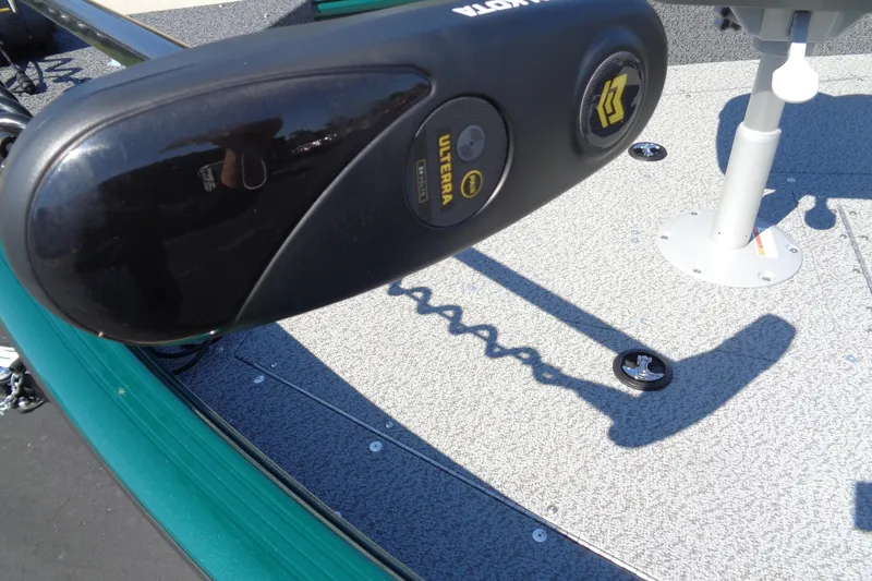 Slide: The Image of Trolling motor on 2026 Lund 1800 Explorer Tiller boat deck, featuring Ulterra controls. - 11
